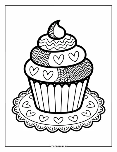 Zentangle-fargeleggingsark for voksne: En muffins med bølge- og prikkemønstre hviler på en blondehjertematte