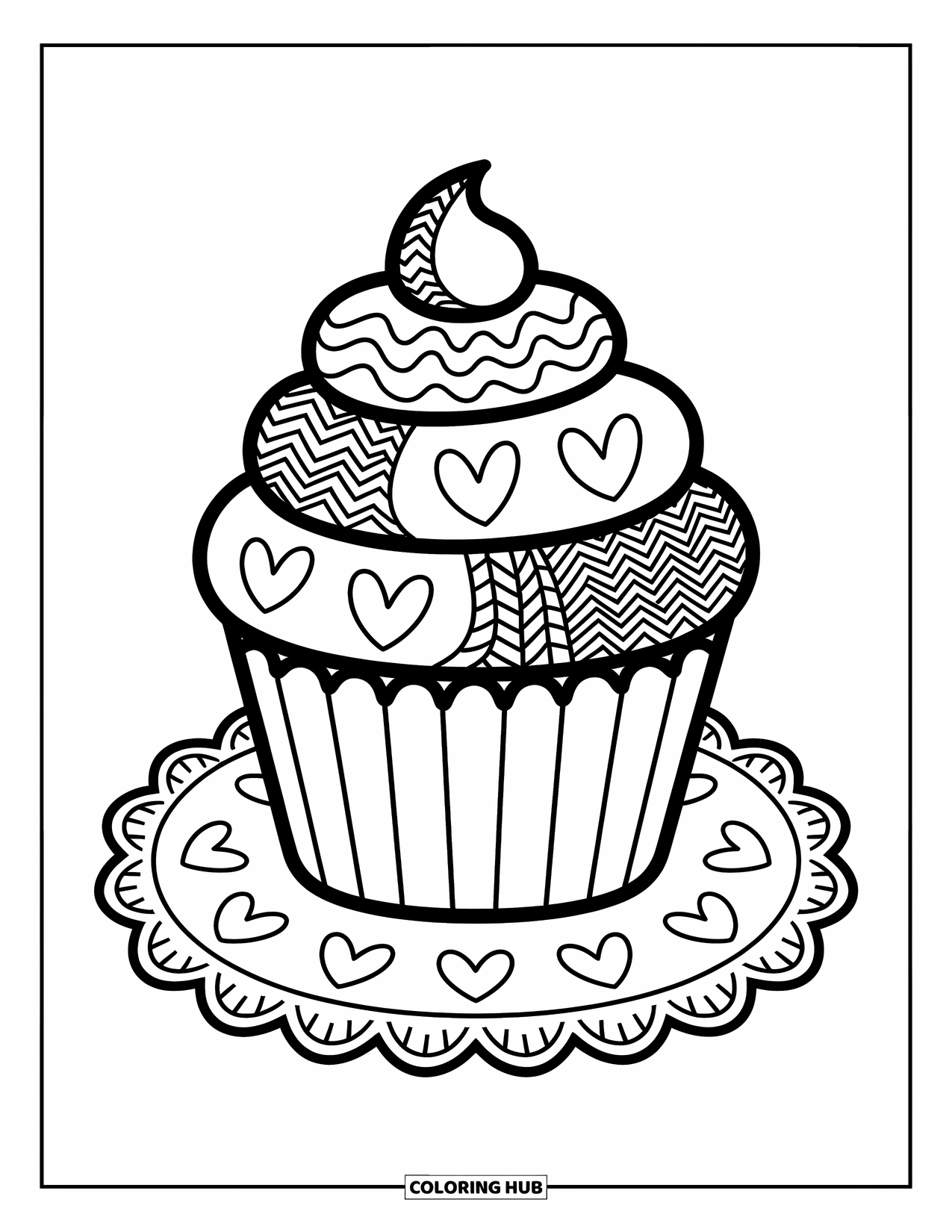 Zentangle Coloring Page for Adults: A cozy cupcake with wave and dot patterns rests on a lacy heart mat