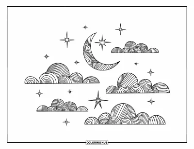 Zentangle-fargeleggingsark for voksne: En halvmåne lyser over mønstrede skyer og en stjernefylt zentangle-himmel