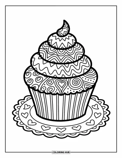 Zentangle-fargeleggingsark for voksne: En muffins står stolt med spiralpynt og hjertefylte dekorasjoner