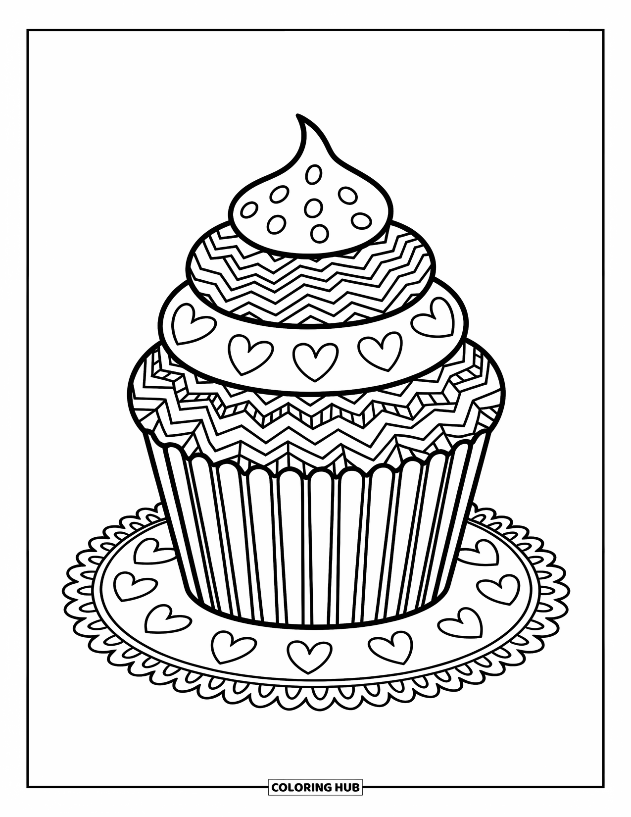 Zentangle Coloring Page for Adults: A cupcake with swirled frosting sits on a doily of heart doodles