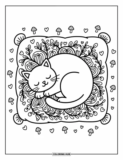 Zentangle-fargeleggingsark for voksne: En sammenrullet katt sover på en pute pyntet med små hjerter og sopper