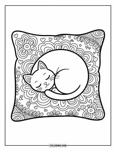 Zentangle-fargeleggingsark for voksne: En sammenrullet katt sover på en zentangle-pute med hjerter og bladkrøller