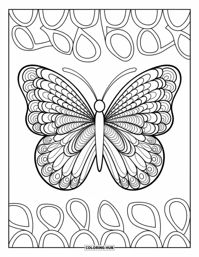 Zentangle-fargeleggingsark for voksne: En delikat sommerfugl glir over sirkler og krøller i myke mønstre