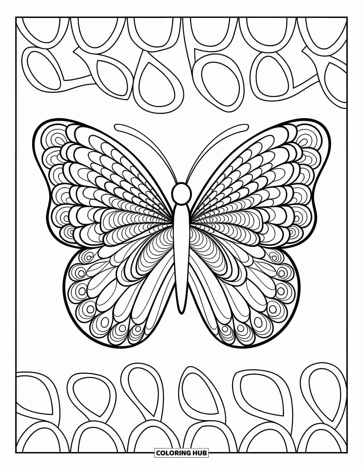 Zentangle Coloring Page for Adults: A delicate butterfly glides over circles and curls in soft patterns