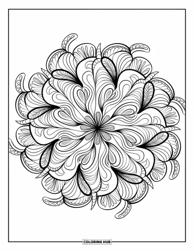 Zentangle-fargeleggingsark for voksne: En detaljert mandala blomstrer med snirklende mønstre i et helsidesdesign