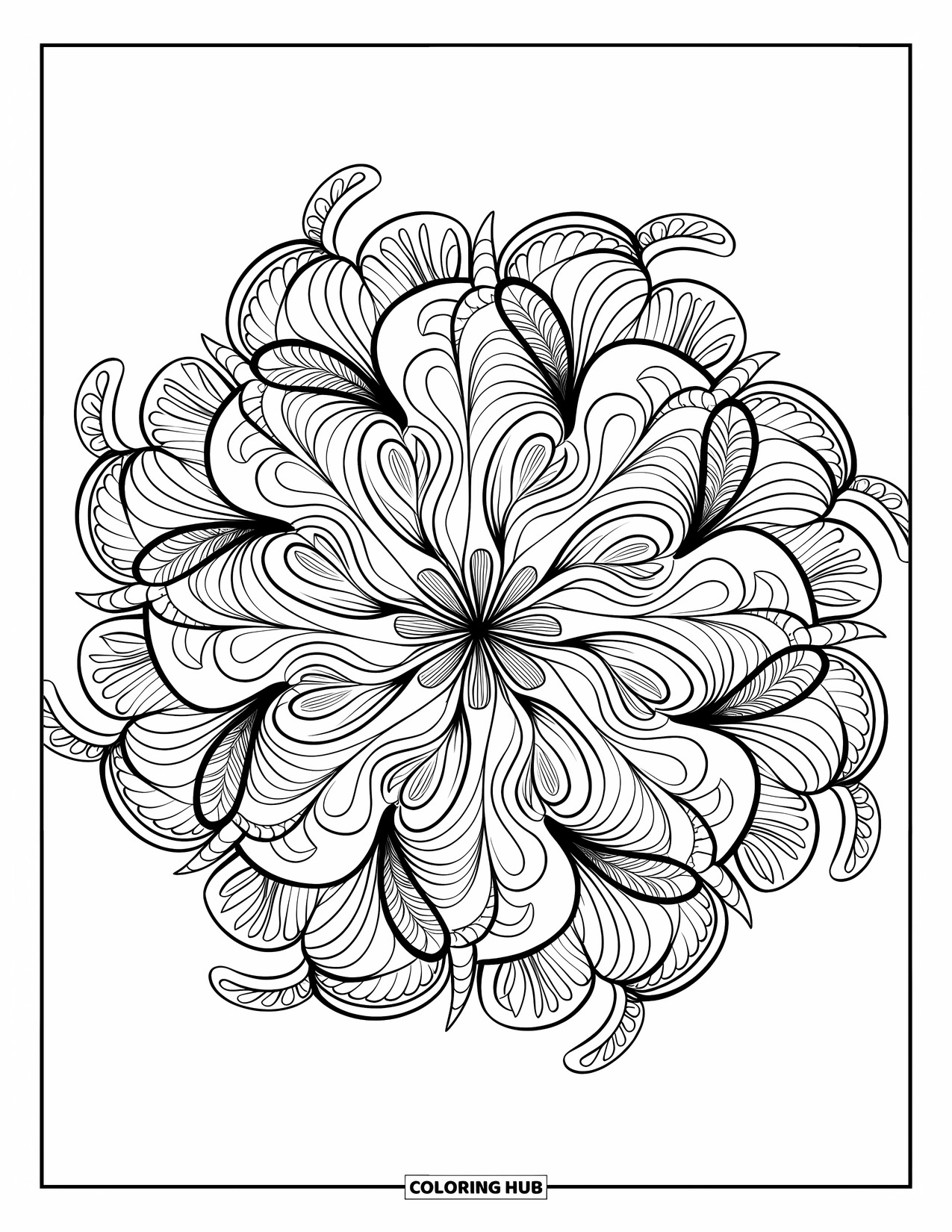 Zentangle Coloring Page for Adults: A detailed mandala blooms with swirling patterns in a full-page design