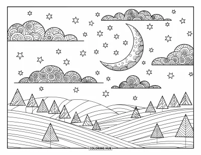 Zentangle-fargeleggingsark for voksne: En drømmefull måne og stjerner skinner over mønstrede åser og trær