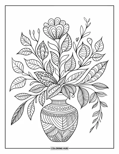 Zentangle-fargeleggingsark for voksne: En blomsterbukett sitter i en vase innpakket i detaljerte kronblad- og bladmønstre