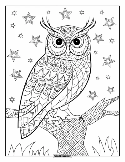 Zentangle-fargeleggingsark for voksne: En skogsugle hviler stille i et tre dekket av detaljerte mønstre