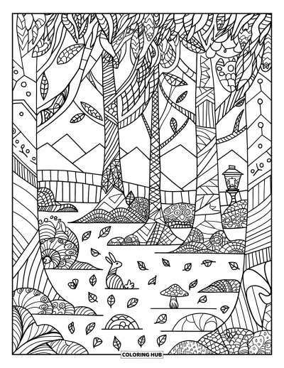 Zentangle-fargeleggingsark for voksne: En skogssti slynger seg forbi mønstrede trær, bittesmå kryp og fjerne fjell