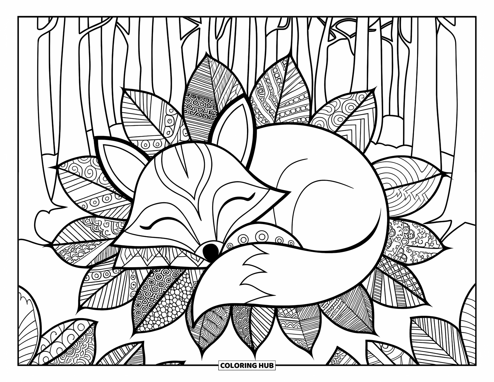 Zentangle Coloring Page for Adults: A fox curls up in a nest of leaves with peaceful forest details