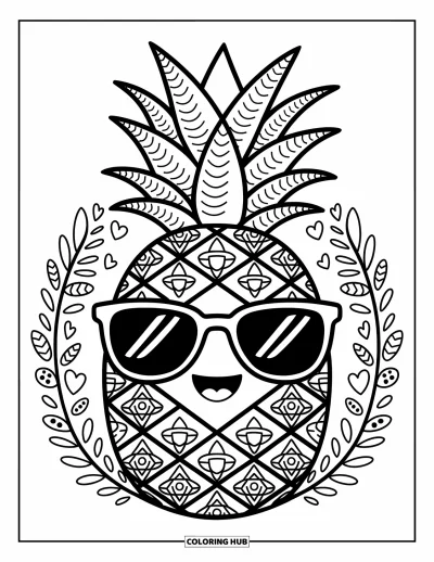 Zentangle-fargeleggingsark for voksne: En gledelig ananas i solbriller er omgitt av hjerter, blader og zentangle-spiraler