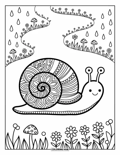 Zentangle-fargeleggingsark for voksne: En glad snegl kravler sakte med et skall fullt av blomsterspiraler