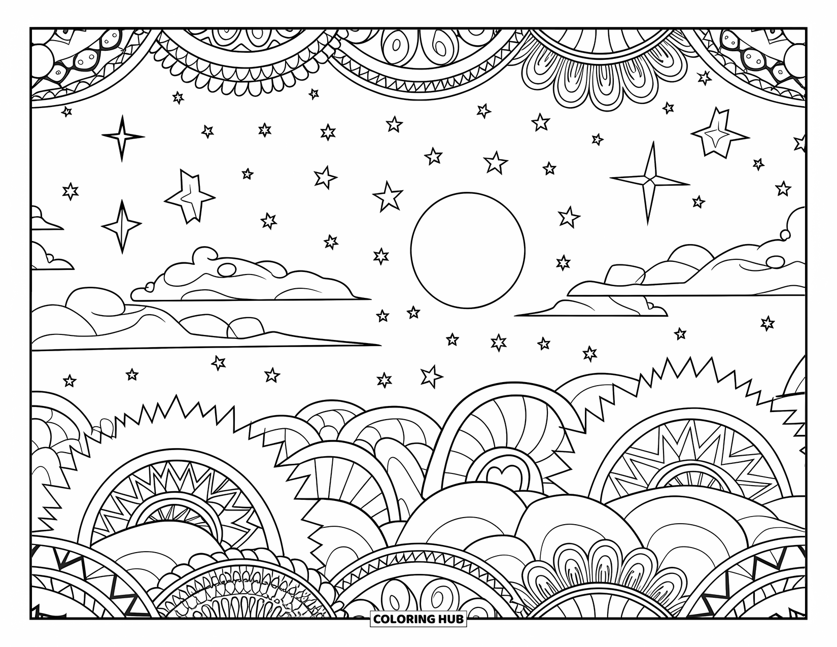 Zentangle Coloring Page for Adults: A moon and clouds rest in a sky full of calming, swirly patterns
