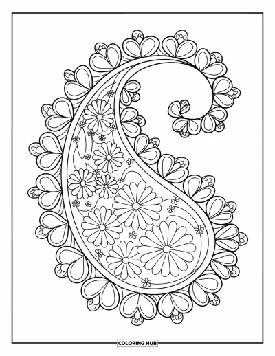 Zentangle-fargeleggingsark for voksne: En paisley-spiral fyller siden med miniatyrblomster og rolige detaljer