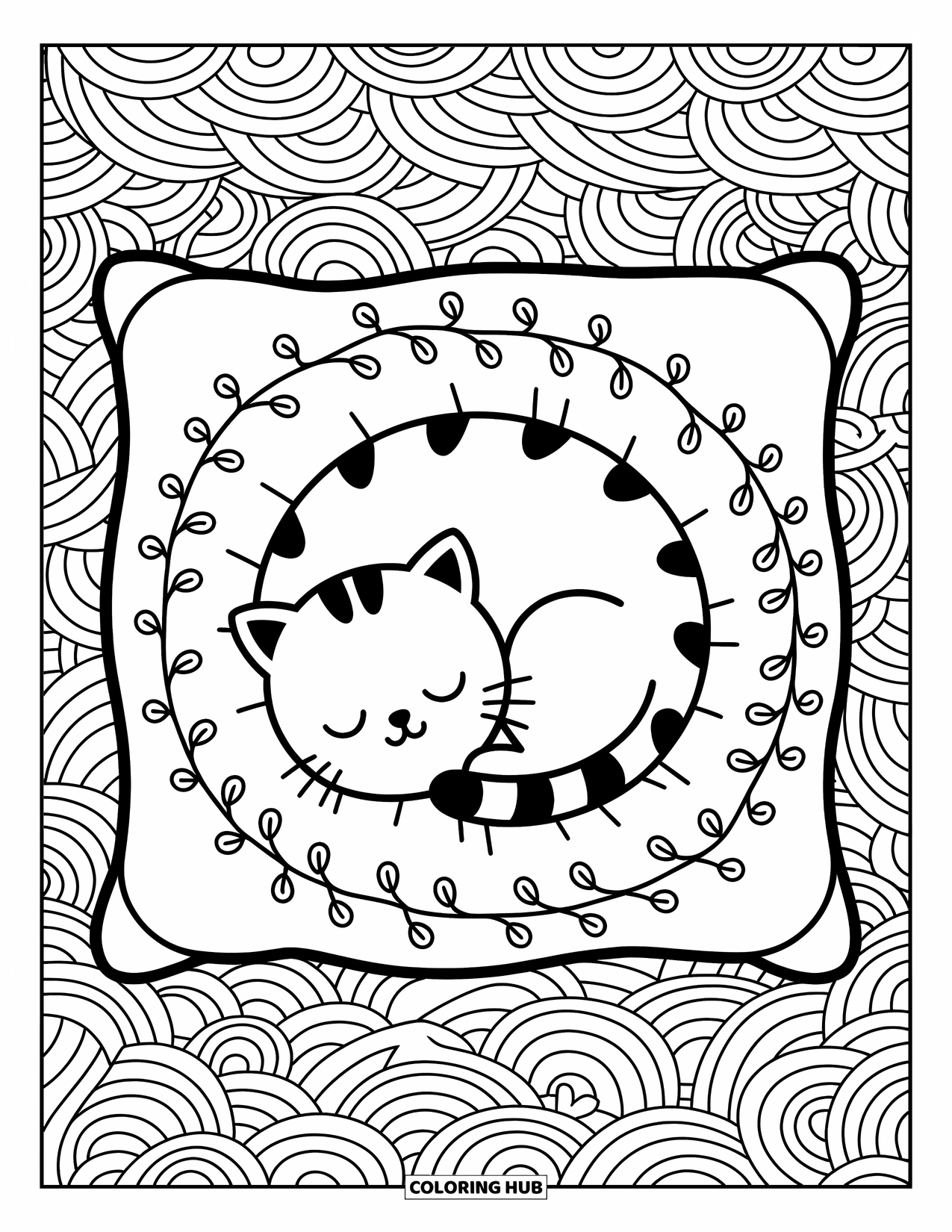 Zentangle Coloring Page for Adults: A peaceful cat rests on a patterned pillow surrounded by soft floral doodles