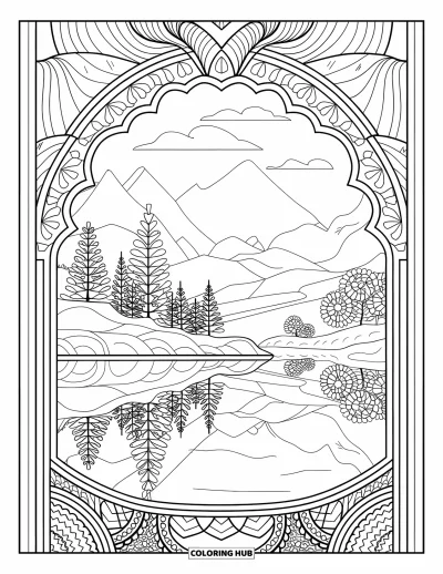 Zentangle-fargeleggingsark for voksne: En fredelig innsjø speiler fjell under en himmel av innviklede mønstre