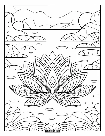 Zentangle-fargeleggingsark for voksne: En fredelig lotus blomstrer med symmetriske kronblad og flytende steiner i nærheten