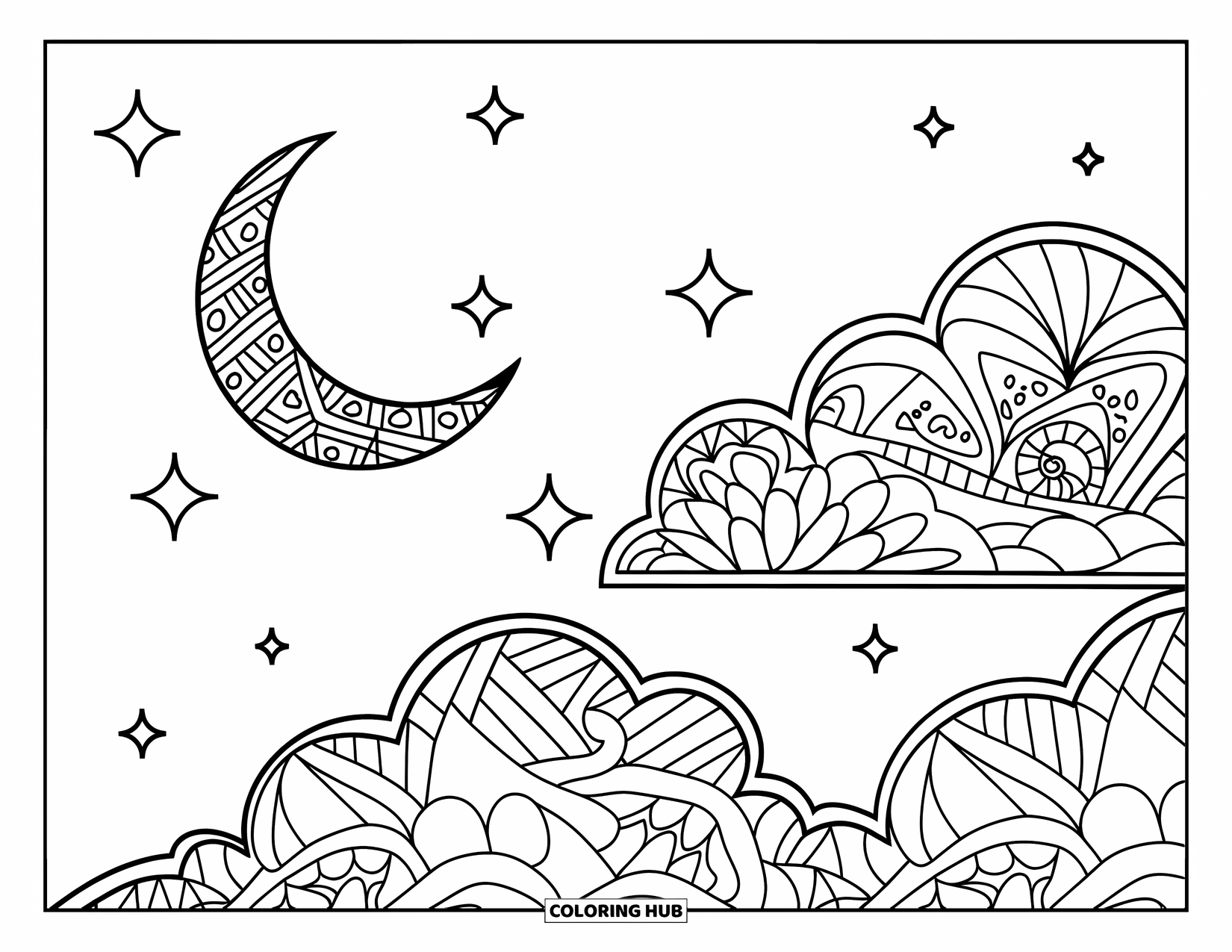 Zentangle Coloring Page for Adults: A peaceful sky shows stars, a moon, and clouds filled with zentangle lines