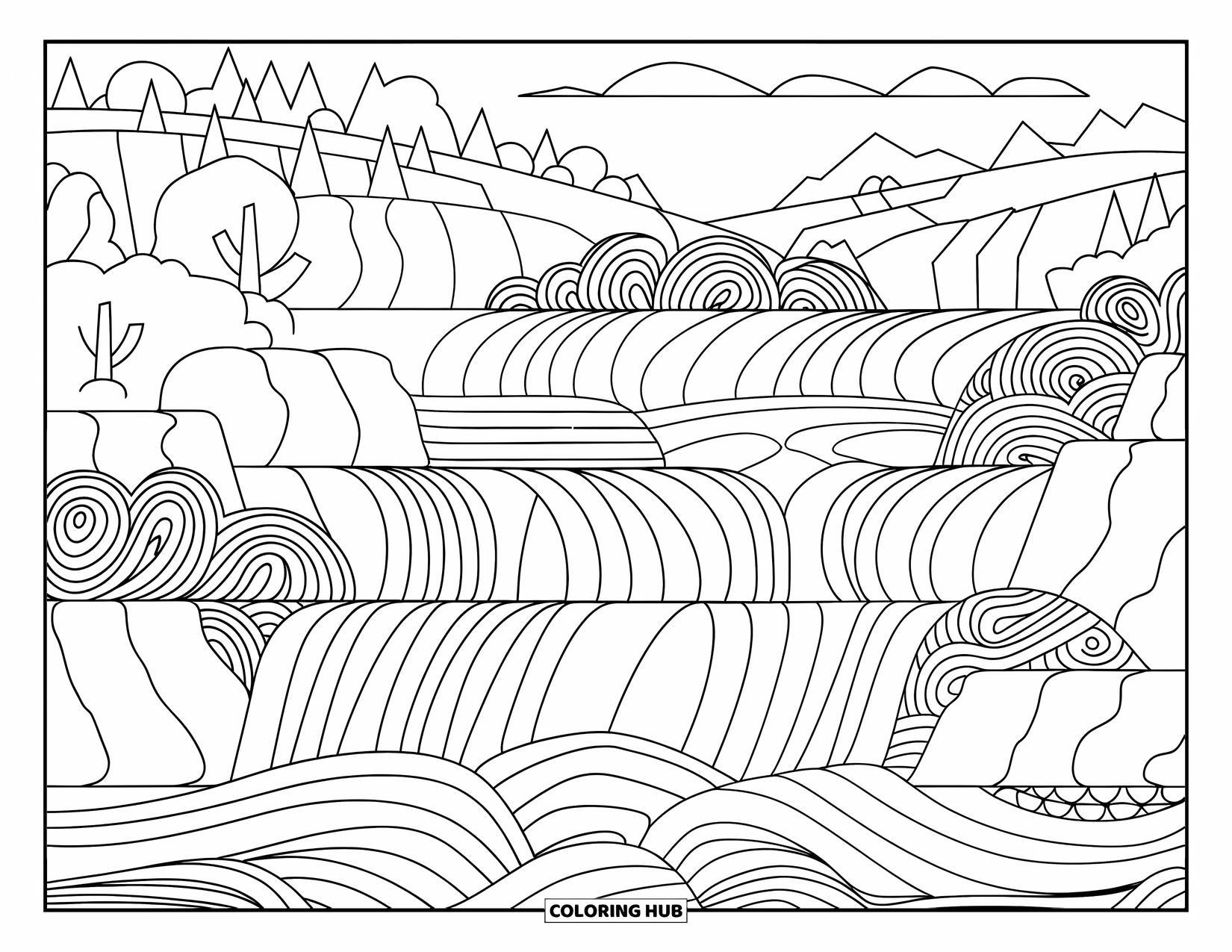 Zentangle Coloring Page for Adults: A peaceful waterfall flows with swirling waves and mountain views