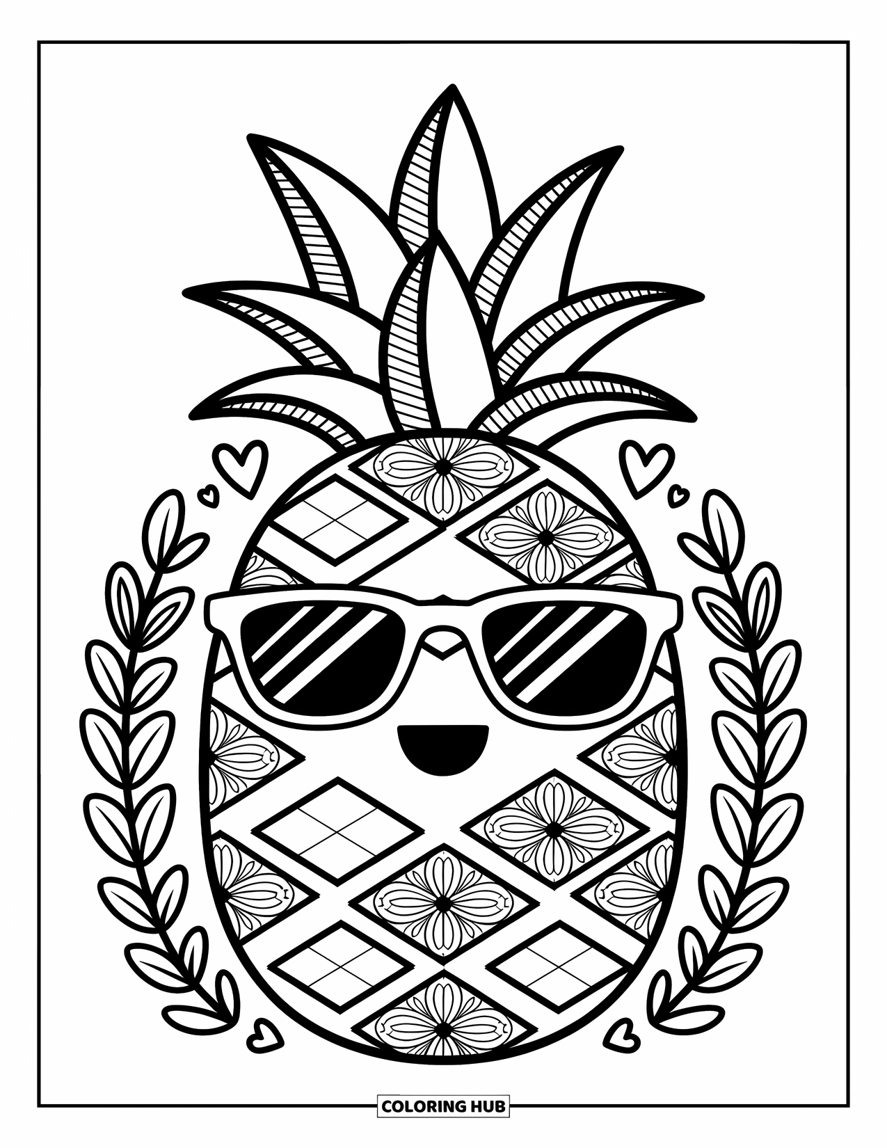 Zentangle Coloring Page for Adults: A pineapple with sunglasses beams cheerfully with patterned skin and leafy crown