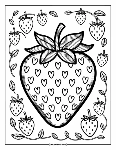 Zentangle-fargeleggingsark for voksne: En leken jordbær er omgitt av blomster og bladspiraler