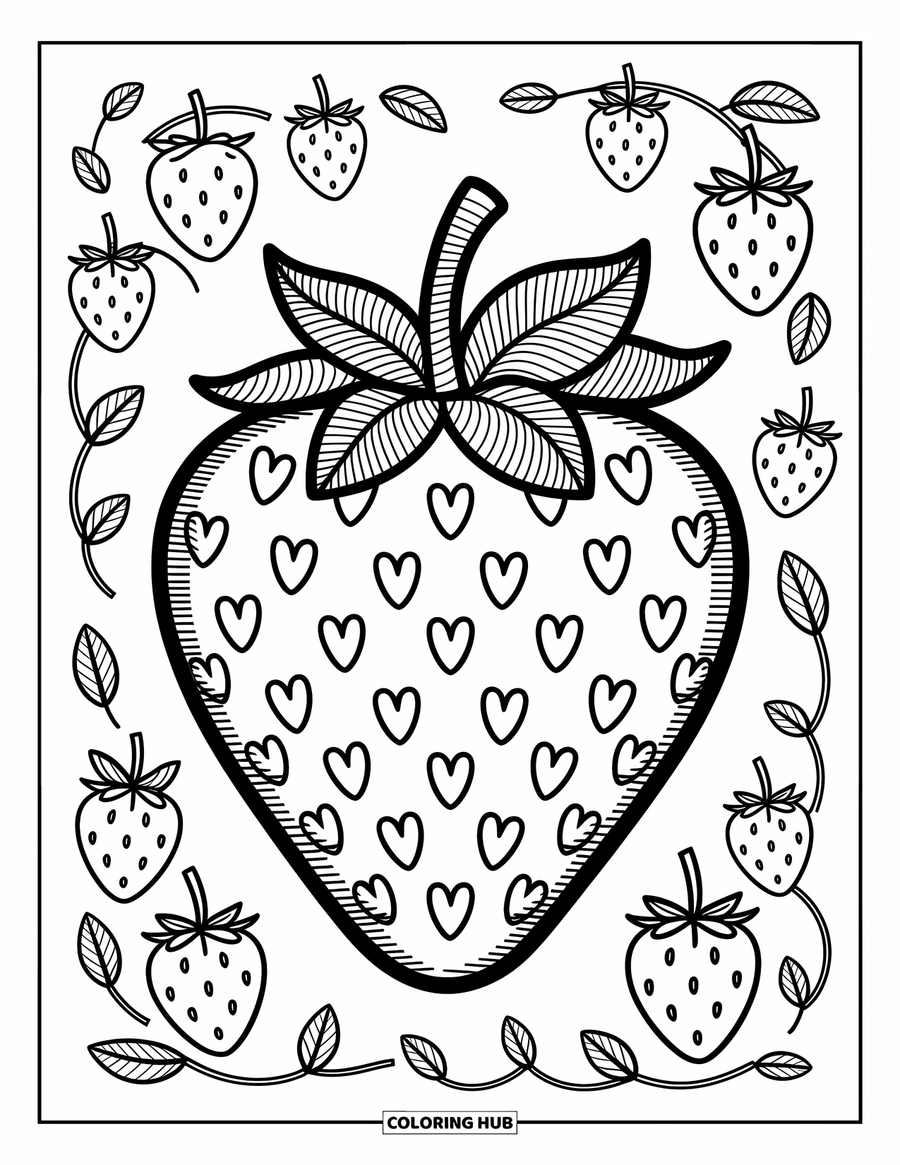 Zentangle Coloring Page for Adults: A playful strawberry is surrounded by blossoms and leafy swirls