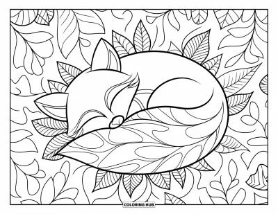 Zentangle-fargeleggingsark for voksne: En sovende rev er pakket inn i en koselig spiral av mønstrede blader