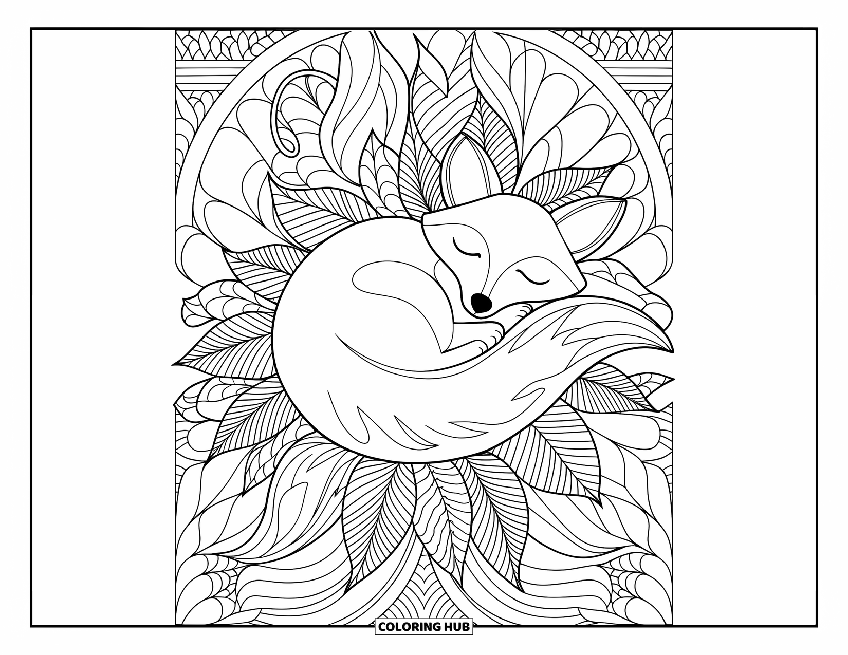 Zentangle Coloring Page for Adults: A sleeping fox rests among leaves filled with soft zentangle lines