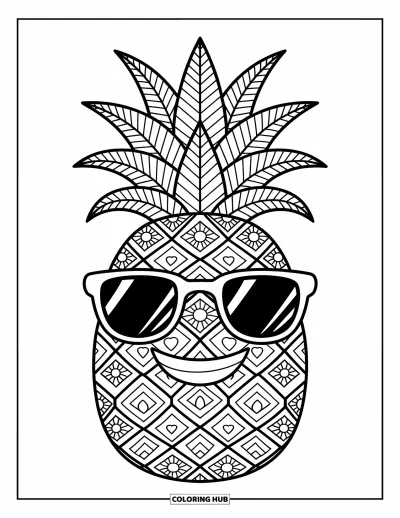 Zentangle-fargeleggingsark for voksne: En smilende ananas med detaljert skall sitter i en ring av tropiske kruseduller