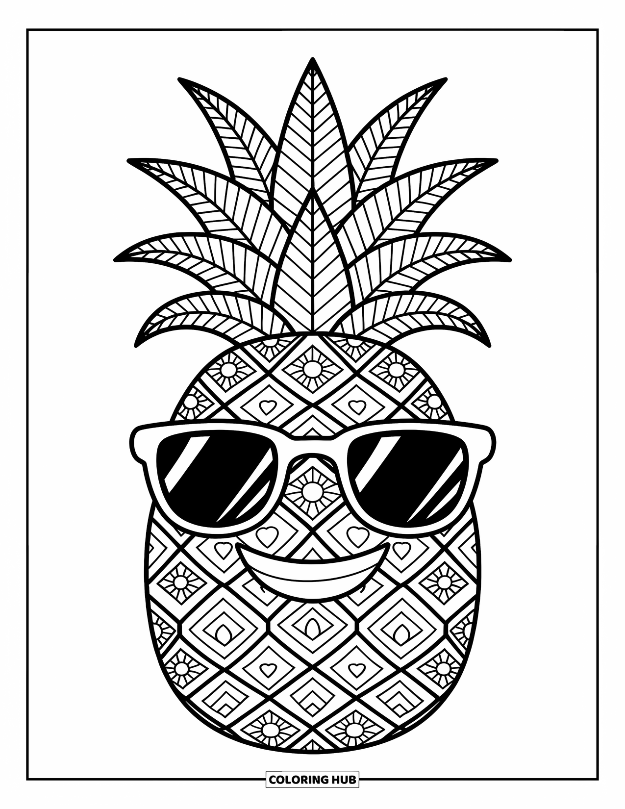 Zentangle Coloring Page for Adults: A smiling pineapple with detailed skin sits in a ring of tropical doodles