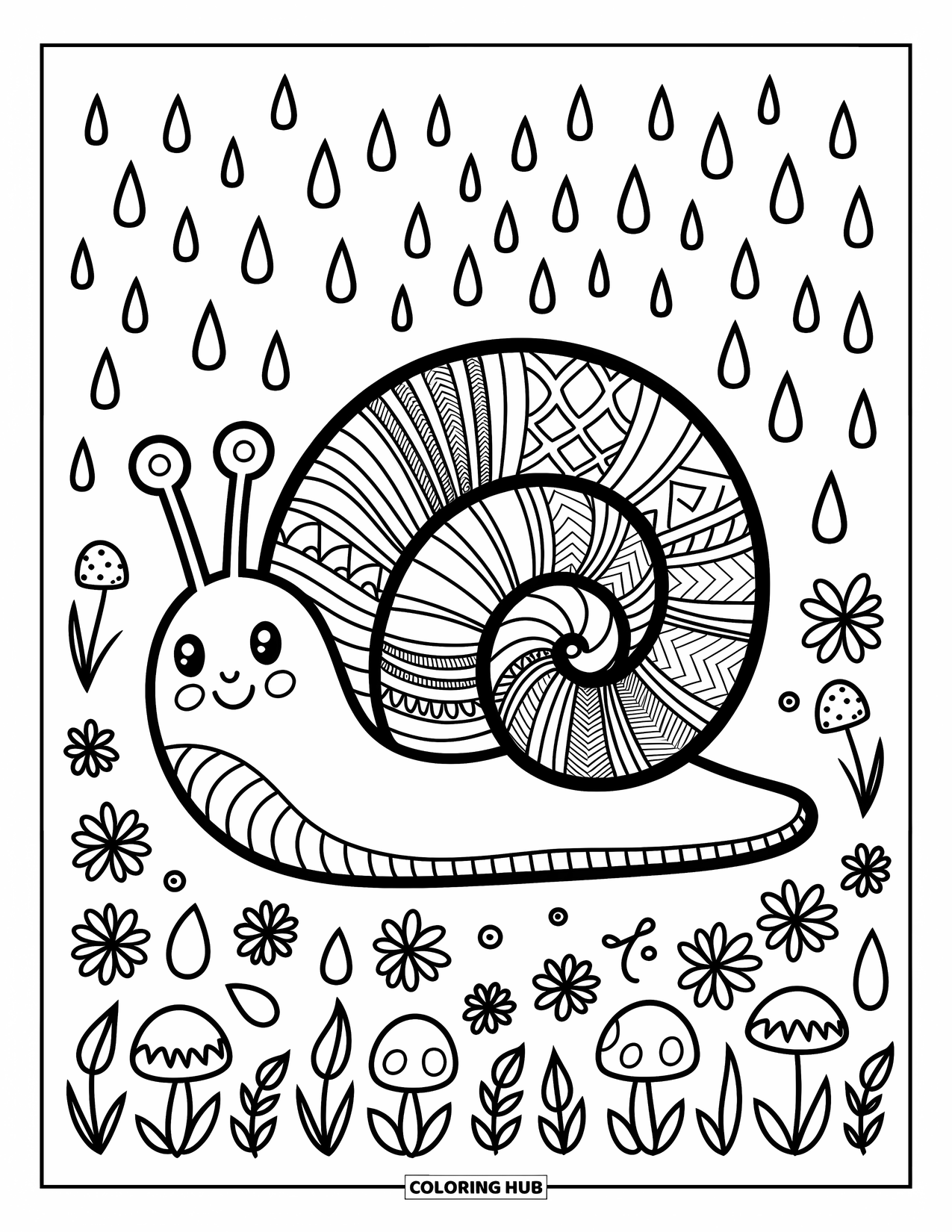 Zentangle Coloring Page for Adults: A snail with a patterned shell strolls past playful mushrooms and floral bursts