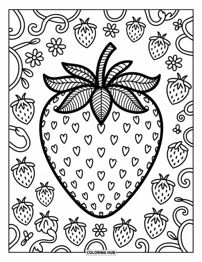 Zentangle-fargeleggingsark for voksne: En jordbær dekket av hjerter og spiraler skinner blant blomster og krøllede ranker