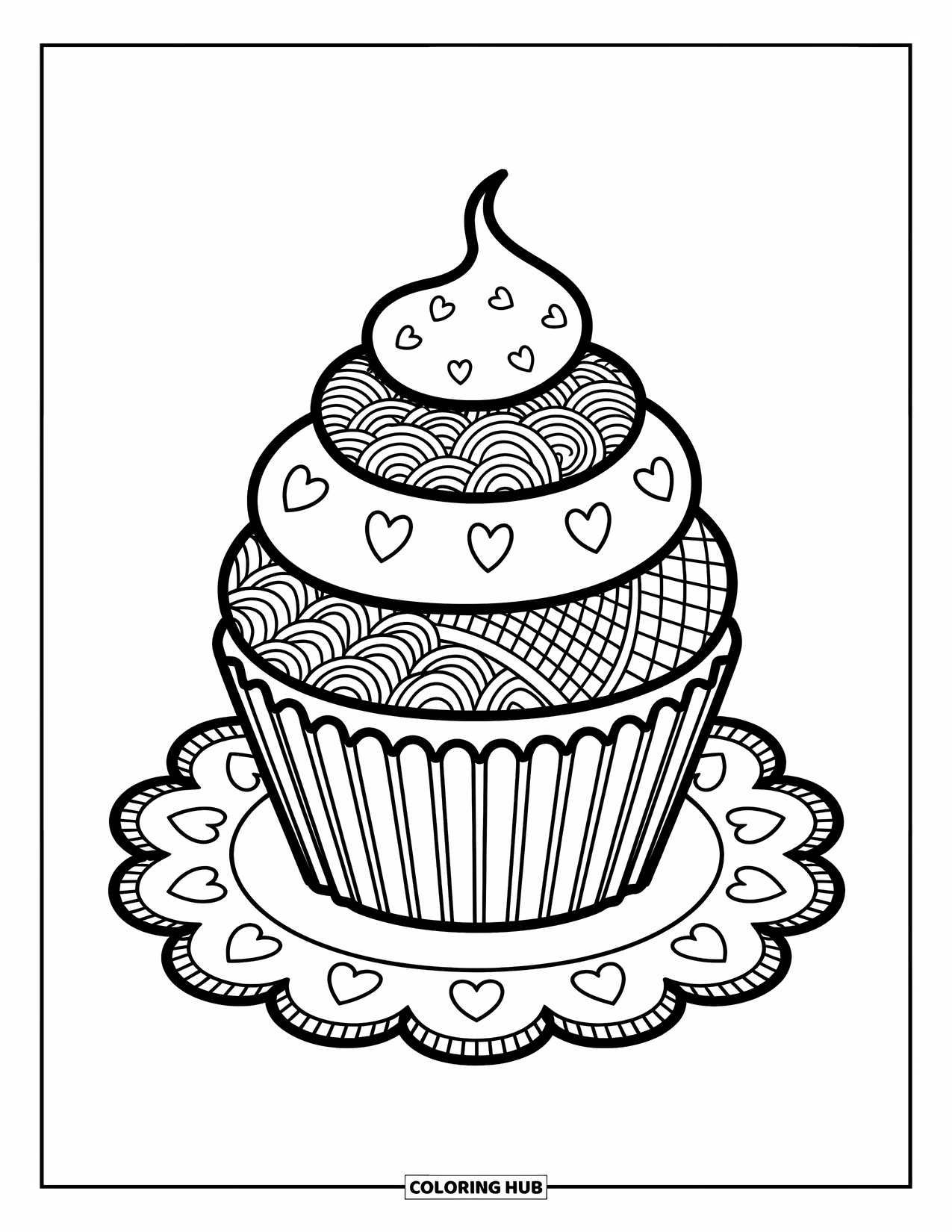 Zentangle Coloring Page for Adults: A sweet cupcake with layered patterns rests on a charming heart-filled doily