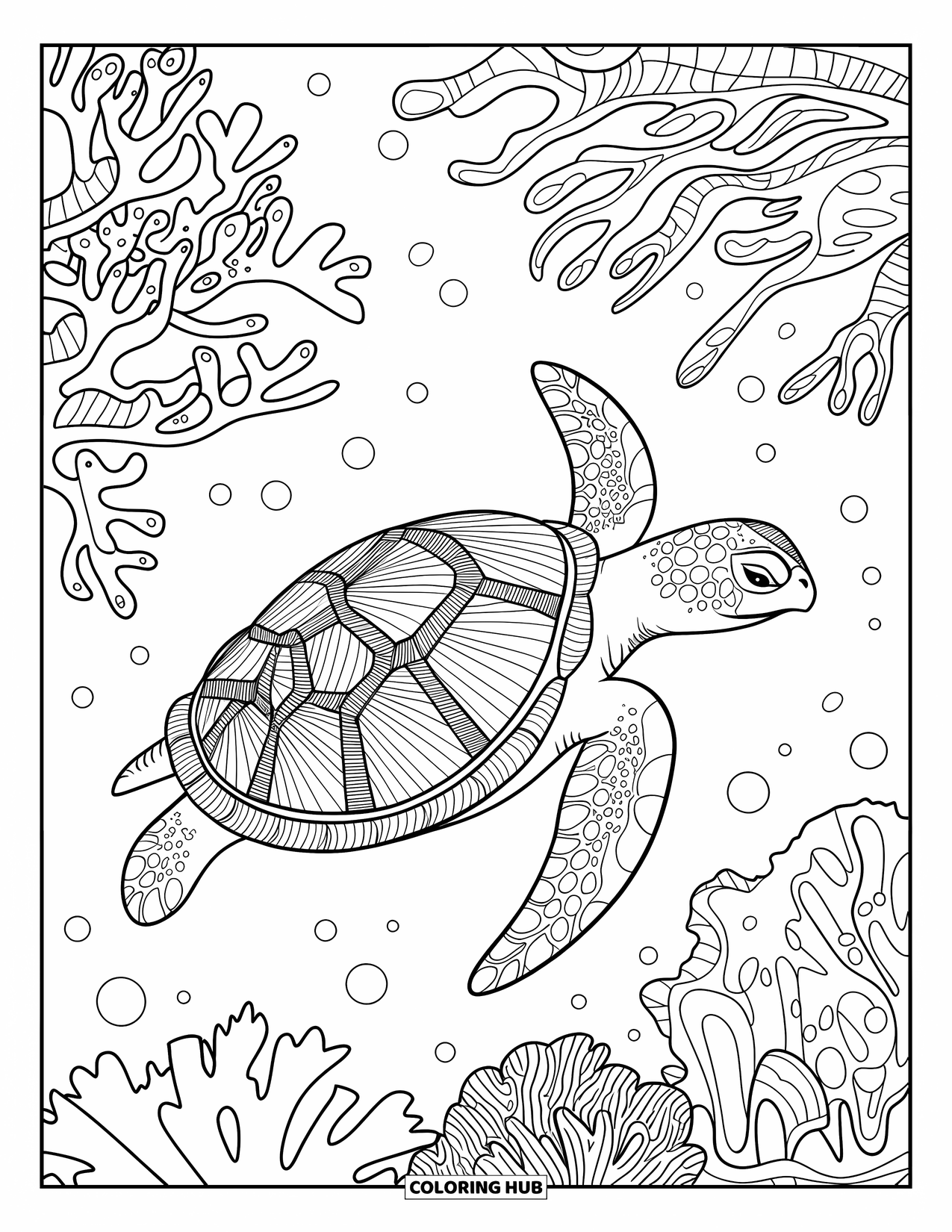 Zentangle Coloring Page for Adults: A turtle floats past coral reefs filled with triangles, spirals, and circles