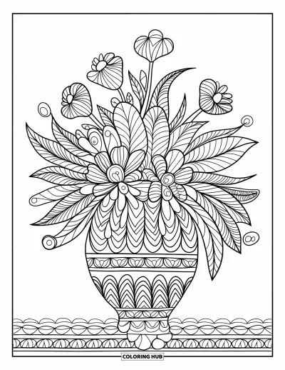 Zentangle-fargeleggingsark for voksne: En vase med blomster står høyt med snoende blader og en myk løvrik kant