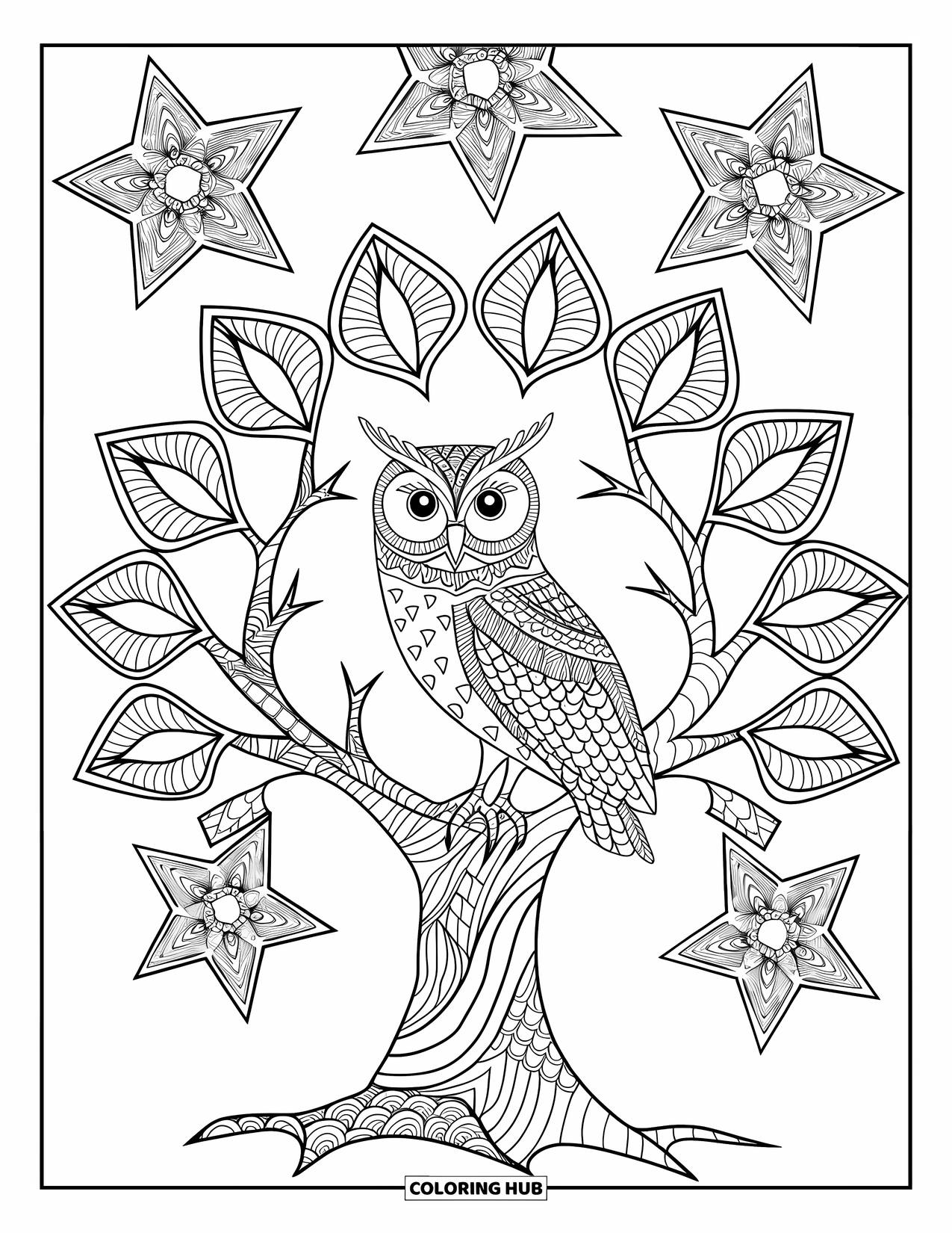Zentangle Coloring Page for Adults: A wise owl sits in a tree with swirling stars above