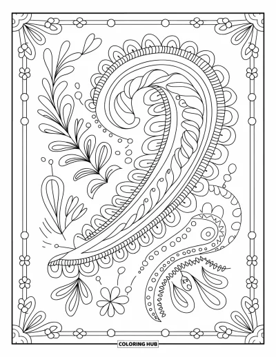 Zentangle-fargeleggingsark for voksne: Et innviklet paisley-design er fylt med bittesmå blomster og en innrammet kant