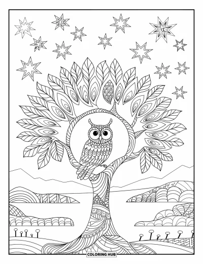 Zentangle-fargeleggingsark for voksne: En ugle i et skogstre ser ut over en mønstret natt fylt med stjerner