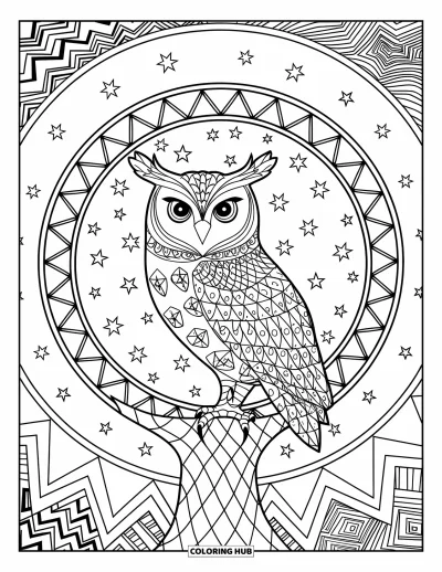 Zentangle-fargeleggingsark for voksne: En ugle sitter på et mønstret tre under en stjernefylt zentangle-himmel