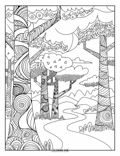 Zentangle-fargeleggingsark for voksne: Innviklede skogstre og en snirklete sti strekker seg mot et skyet fjellsyn