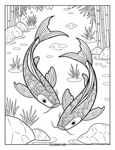 Zentangle-fargeleggingsark for voksne: Koi-fisker svømmer forbi steiner og bambus i et avslappende mønstret tjern