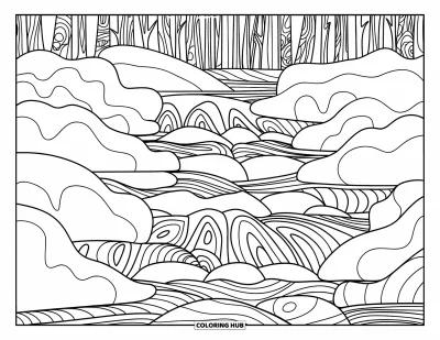 Zentangle-fargeleggingsark for voksne: Lagdelte bølger fosser ned mens vannet strømmer gjennom en zentangle-skog