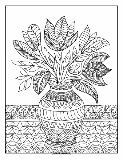 Zentangle-fargeleggingsark for voksne: Mønstrede blomster springer ut av en vase omgitt av snirklende zentangle-design