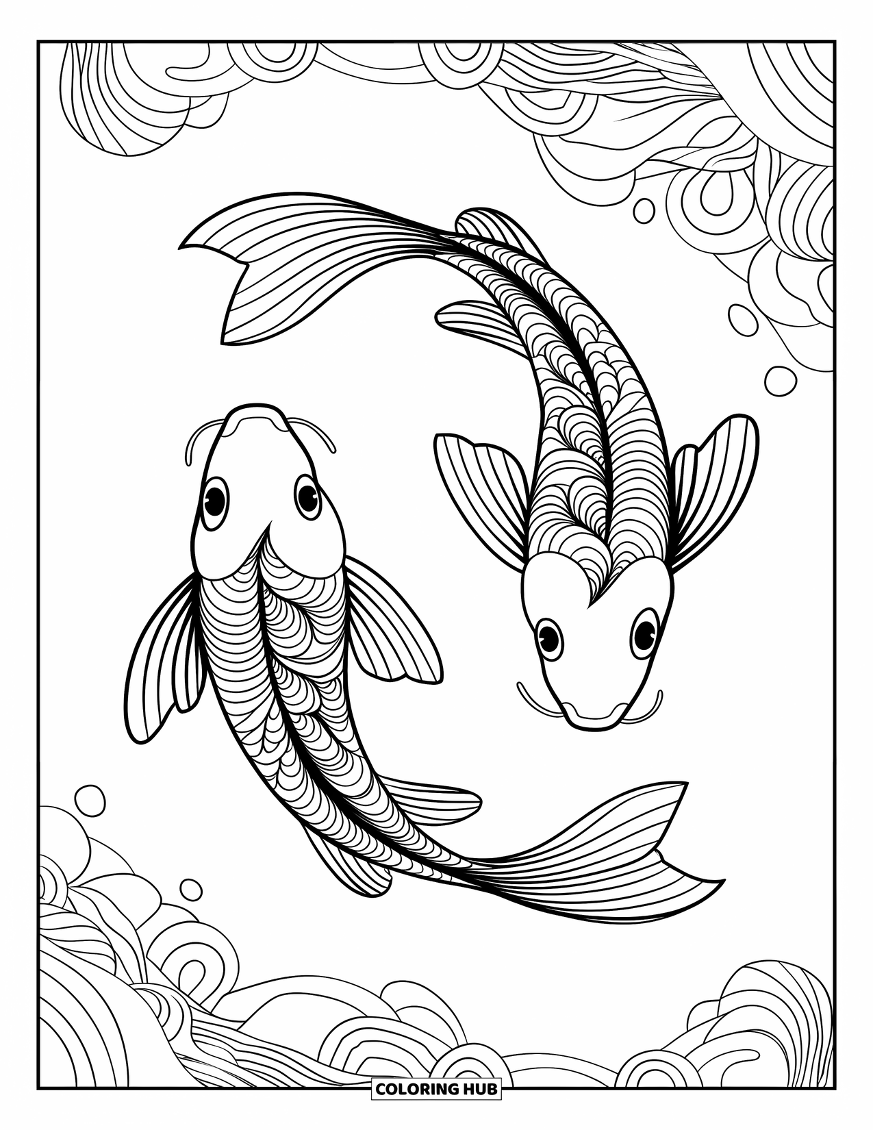 Zentangle Coloring Page for Adults: Swirling fish with zentangle scales glide through patterned water