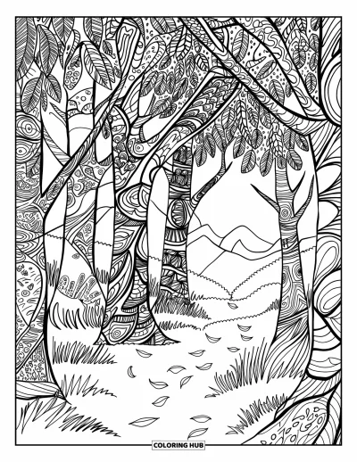 Zentangle-fargeleggingsark for voksne: Snirklende trebark og bladrike stier leder til fjell i denne beroligende skogscenen