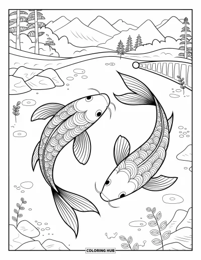 Zentangle-fargeleggingsark for voksne: To koi-fisker svømmer i snirklende mønstre med steiner og planter i nærheten