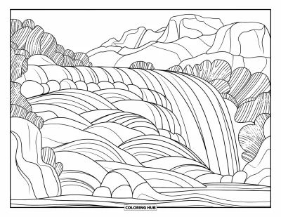 Zentangle-fargeleggingsark for voksne: Bølger og steiner danner et mønstret fossefall i en skogssetting