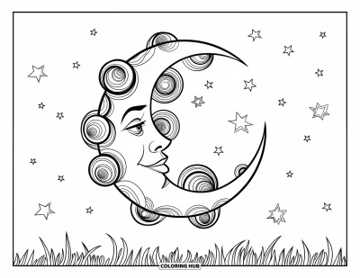 Zentangle-fargeleggingsark for barn: En stor måne med krøller flyter over stjerner og gressbakke